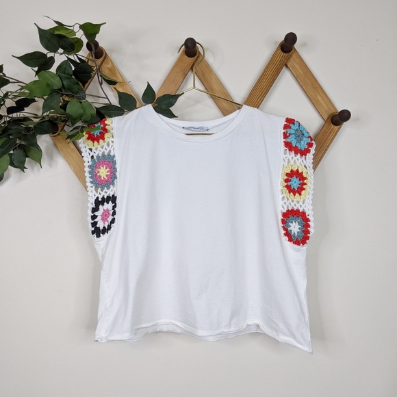 Zara Tops - Zara Granny Square Crochet Sleeve Boxy Fit T-Shirt